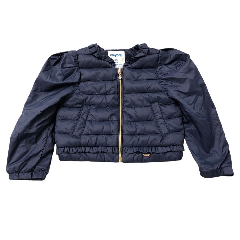 Mayoral Puffer Jacket Girls 12M‎ Toddler Navy Blue Ruffle Puff Sleeve Gold Zip